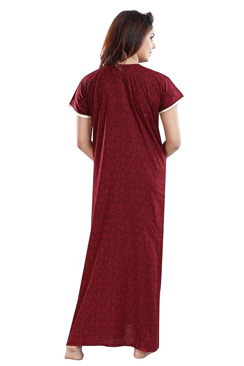 Zairra Embroidered Cotton Maxi Nightgown – Maroon, Free Size