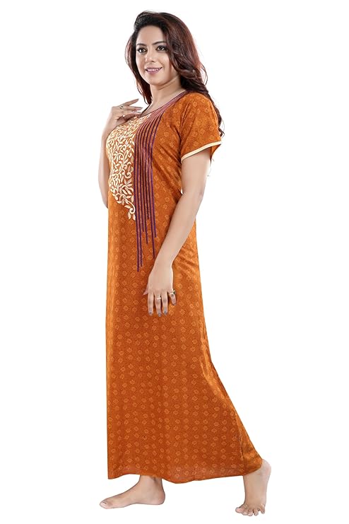 Zairra Women’s Embroidered Cotton Maxi Nightgown – Rust Orange Ethnic Charm