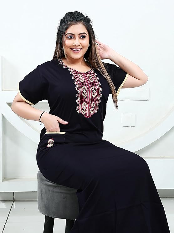 Zairra Women’s Cotton Embroidered Nightgown with Pocket – Black Maxi Sleepwear