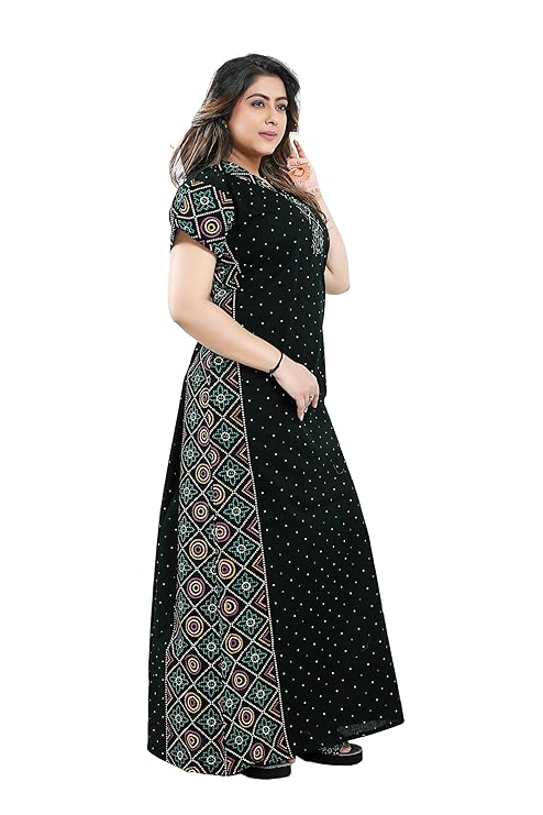 Zairra Women Cotton Nighty – Deep Green with Ethnic Border & Yoke - Breathable Pull-On Maxi Nightdress