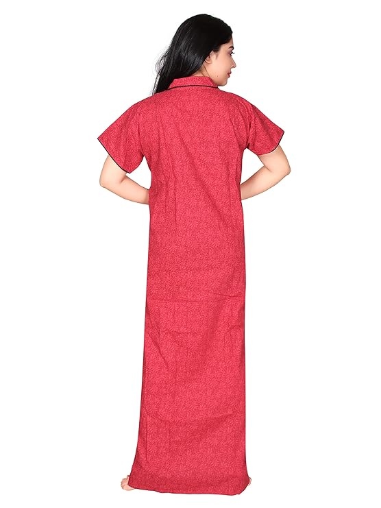 Zairra Solid Cotton Maxi Nighty for Women – Red with Button Closure (Free Size)