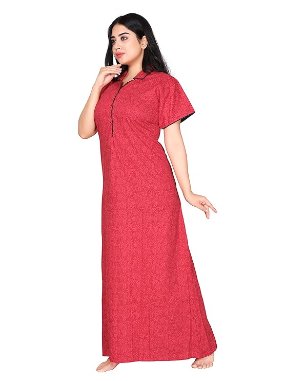 Zairra Solid Cotton Maxi Nighty for Women – Red with Button Closure (Free Size)