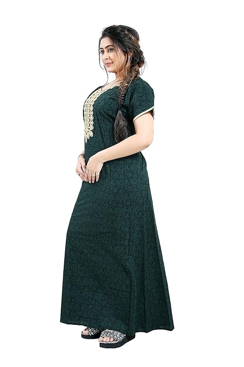 Zairra Embroidered Cotton Maxi Nighty for Women – Deep Green