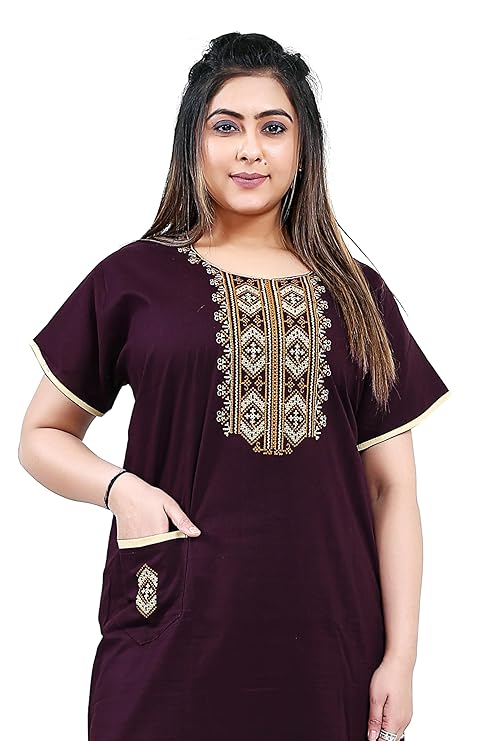 Zairra Women’s Cotton Embroidered Nightgown with Pocket – Deep Wine Maxi Sleepwear