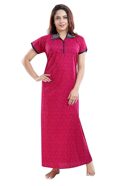 Zairra Embroidered Cotton Maxi Nightgown for Women – Dark Pink with Contrast Collar