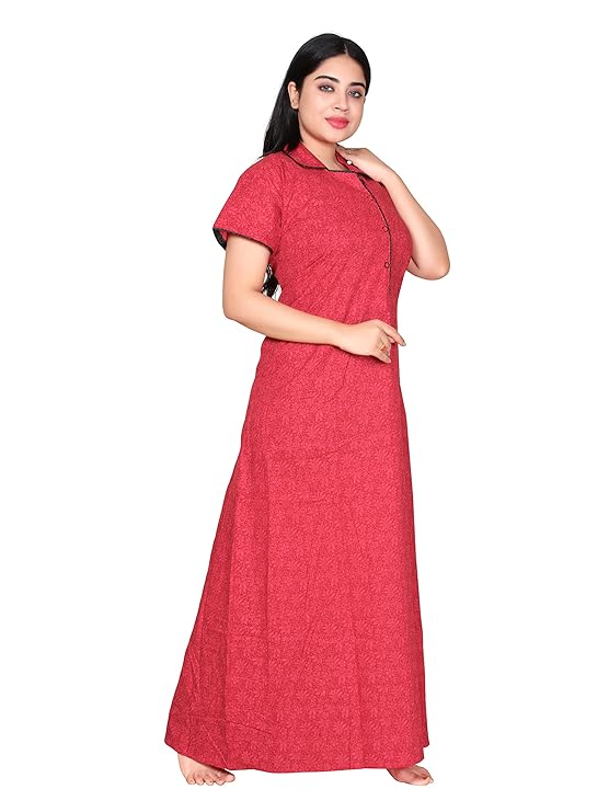 Zairra Solid Cotton Maxi Nighty for Women – Red with Button Closure (Free Size)