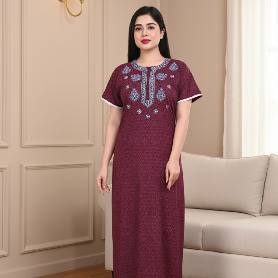 Zairra Women’s Cotton Printed Maxi Nightgown – Maroon with Blue Embroidered Yoke (Free Size, Zipper Closure)