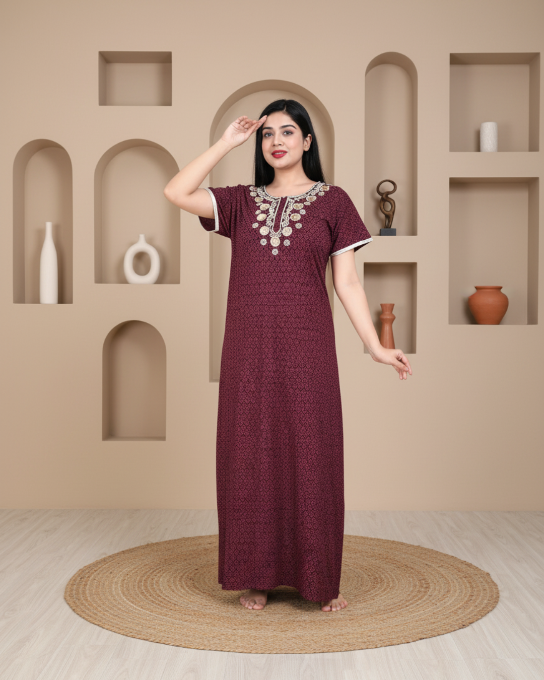 Zairra Women’s Cotton Printed Maxi Nightgown – Maroon with Golden Embroidered Yoke (Free Size, Zipper Closure)