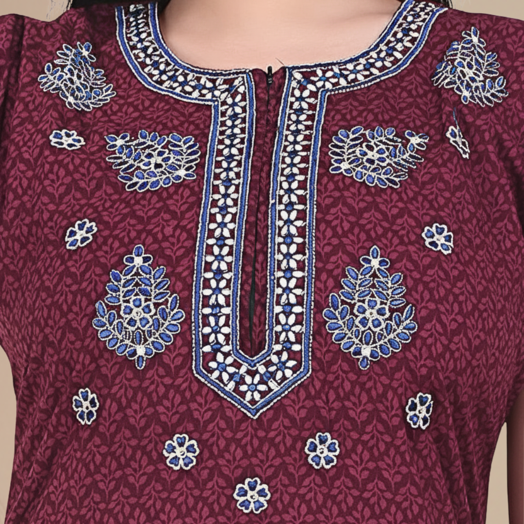 Zairra Women’s Cotton Printed Maxi Nightgown – Maroon with Blue Embroidered Yoke (Free Size, Zipper Closure)