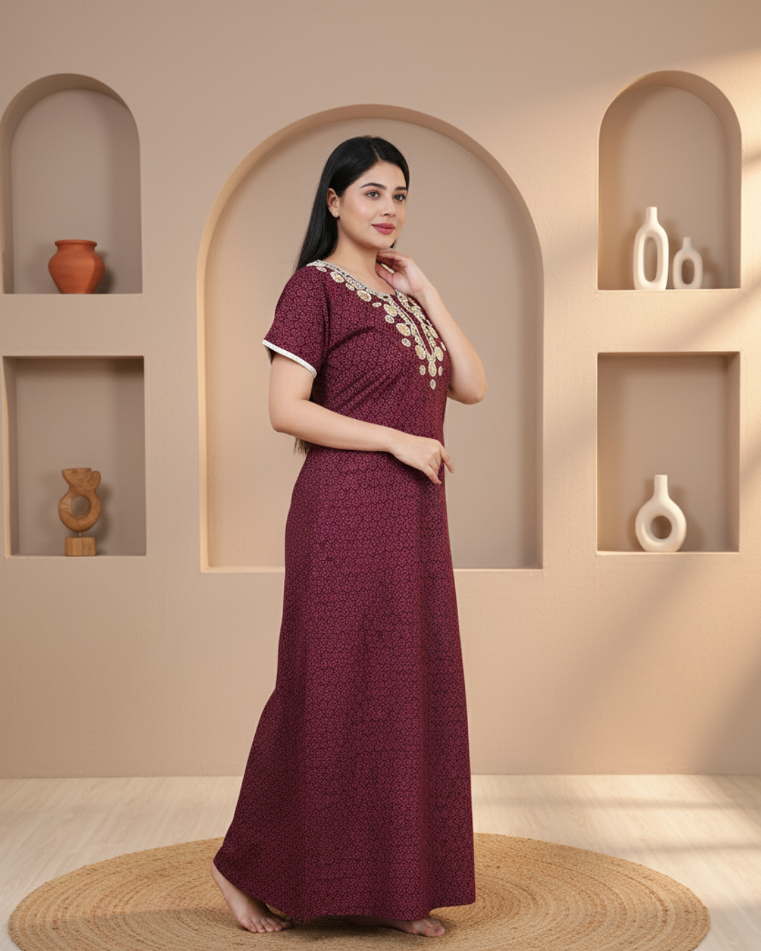 Zairra Women’s Cotton Printed Maxi Nightgown – Maroon with Golden Embroidered Yoke (Free Size, Zipper Closure)