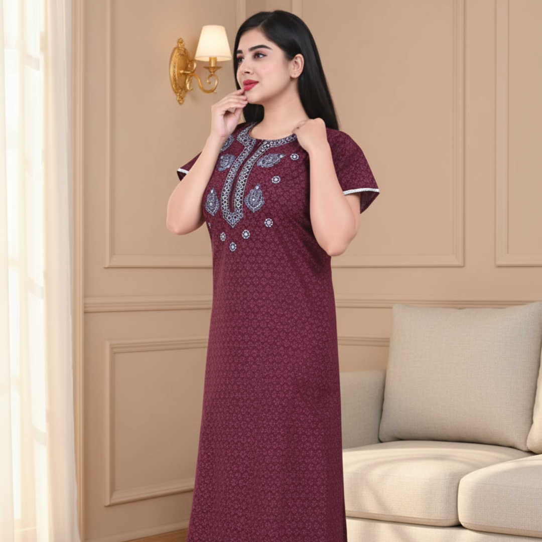 Zairra Women’s Cotton Printed Maxi Nightgown – Maroon with Blue Embroidered Yoke (Free Size, Zipper Closure)