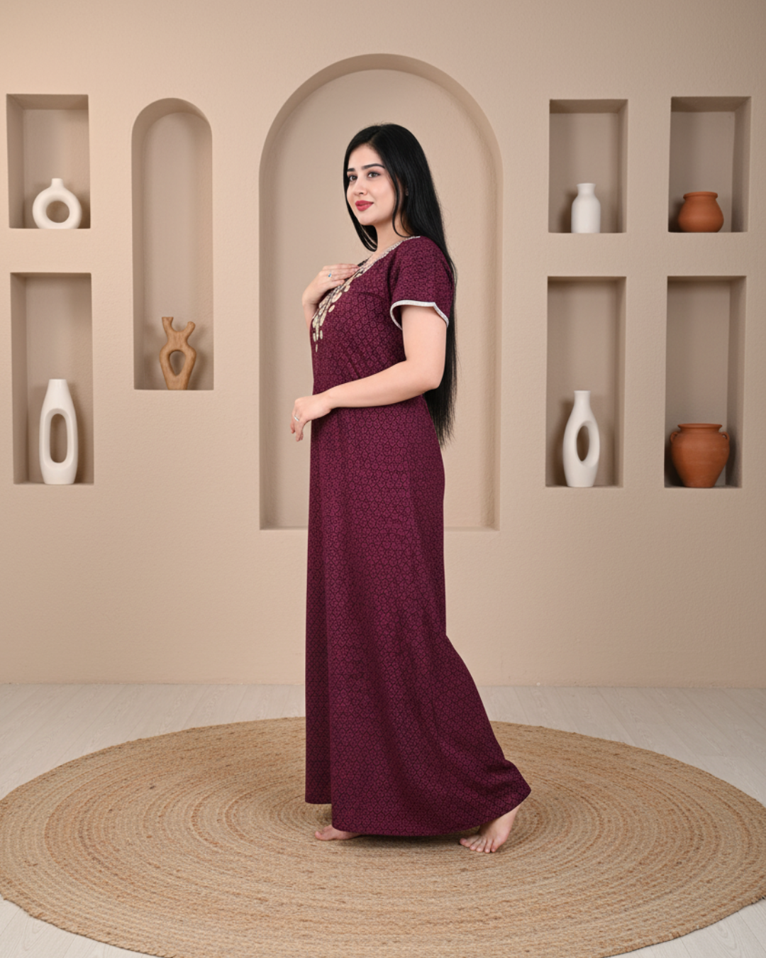 Zairra Women’s Cotton Printed Maxi Nightgown – Maroon with Golden Embroidered Yoke (Free Size, Zipper Closure)