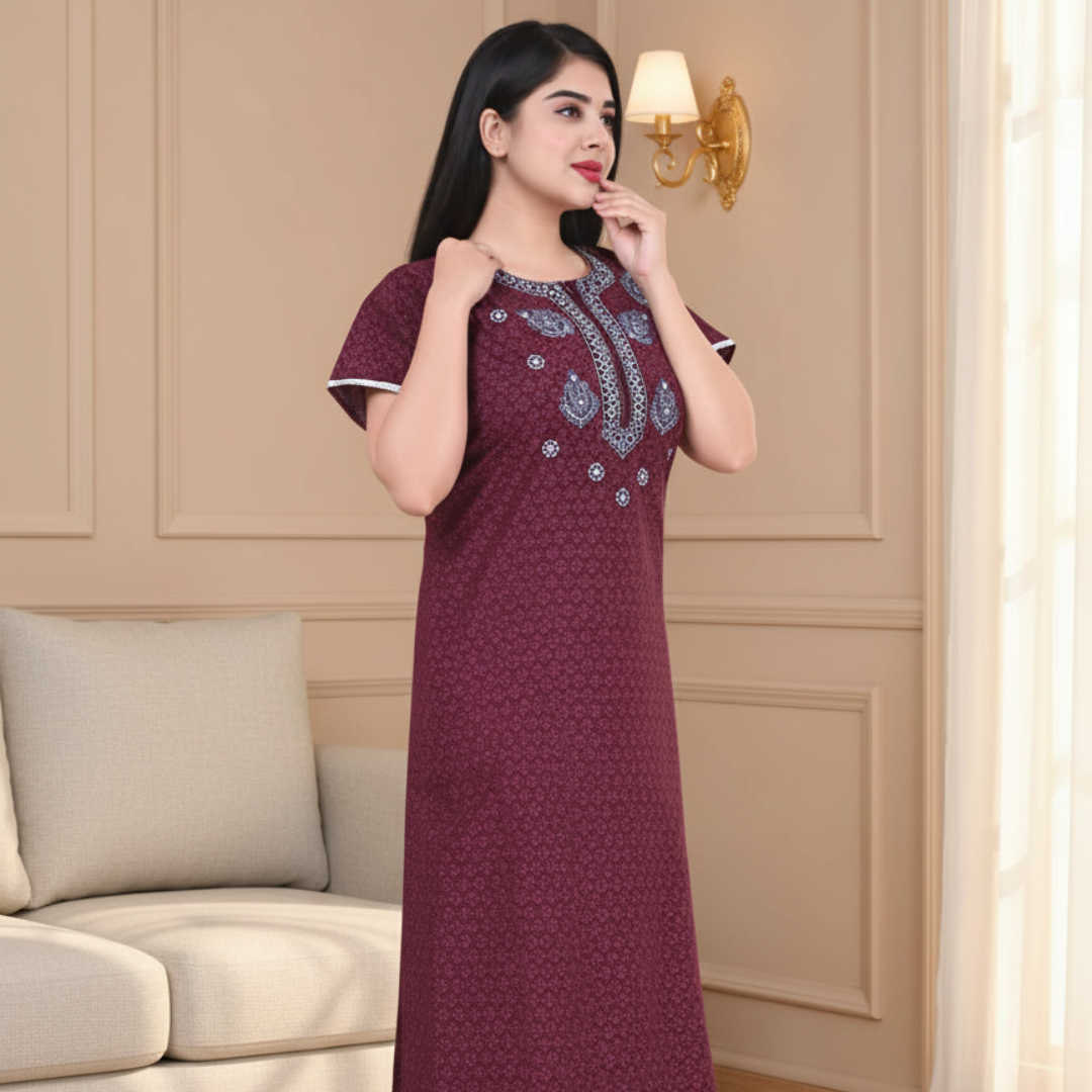 Zairra Women’s Cotton Printed Maxi Nightgown – Maroon with Blue Embroidered Yoke (Free Size, Zipper Closure)