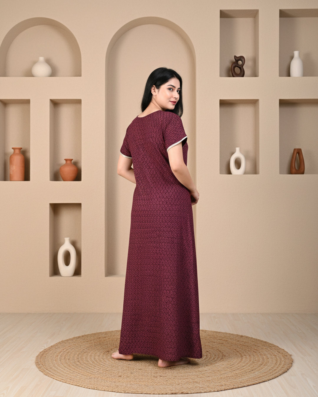 Zairra Women’s Cotton Printed Maxi Nightgown – Maroon with Golden Embroidered Yoke (Free Size, Zipper Closure)