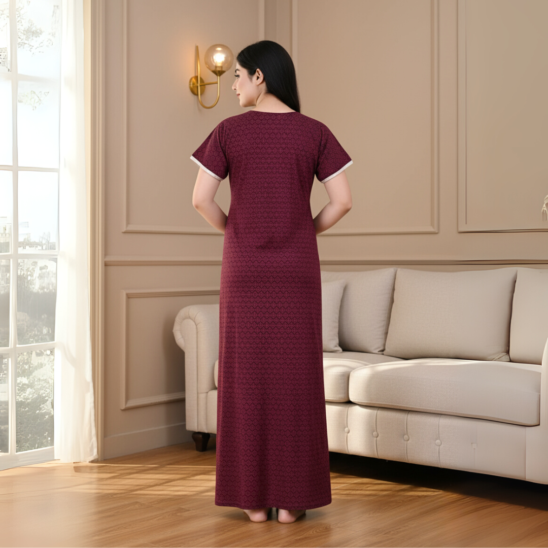Zairra Women’s Cotton Printed Maxi Nightgown – Maroon with Blue Embroidered Yoke (Free Size, Zipper Closure)