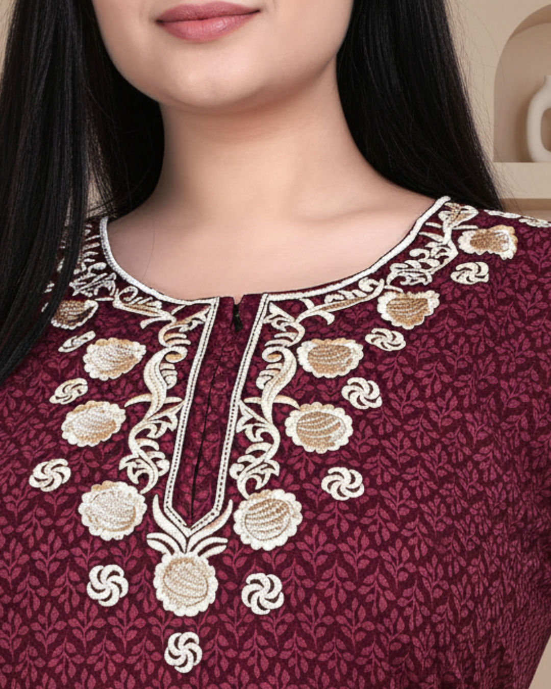Zairra Women’s Cotton Printed Maxi Nightgown – Maroon with Golden Embroidered Yoke (Free Size, Zipper Closure)