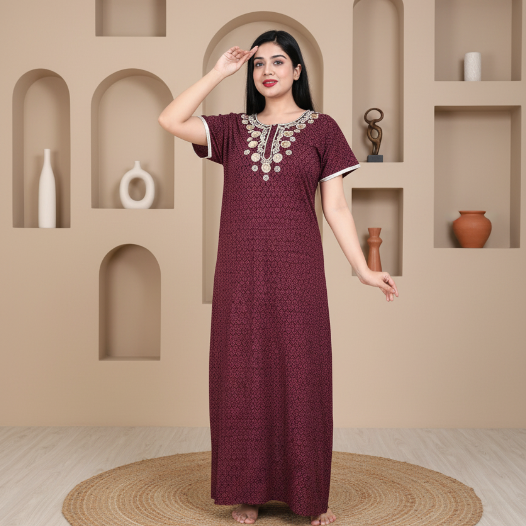 Zairra Women’s Cotton Printed Maxi Nightgown – Maroon with Golden Embroidered Yoke (Free Size, Zipper Closure)