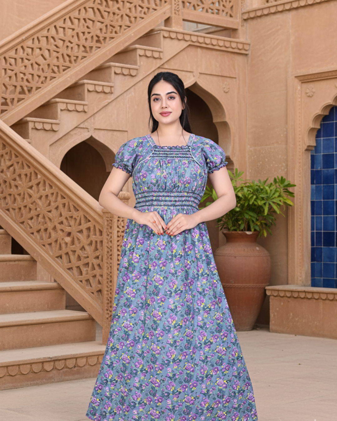 Zairra Women’s Cotton Printed Maxi Nightgown – Blue Floral Design (Free Size)