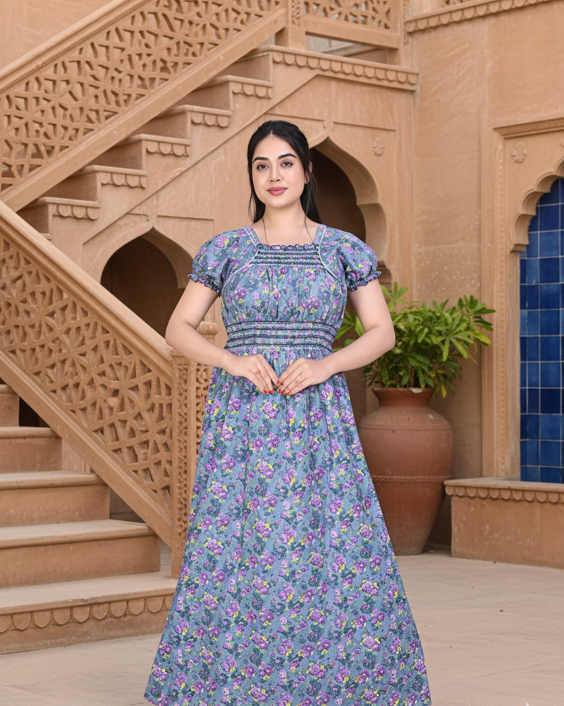 Zairra Women’s Cotton Printed Maxi Nightgown – Blue Floral Design (Free Size)