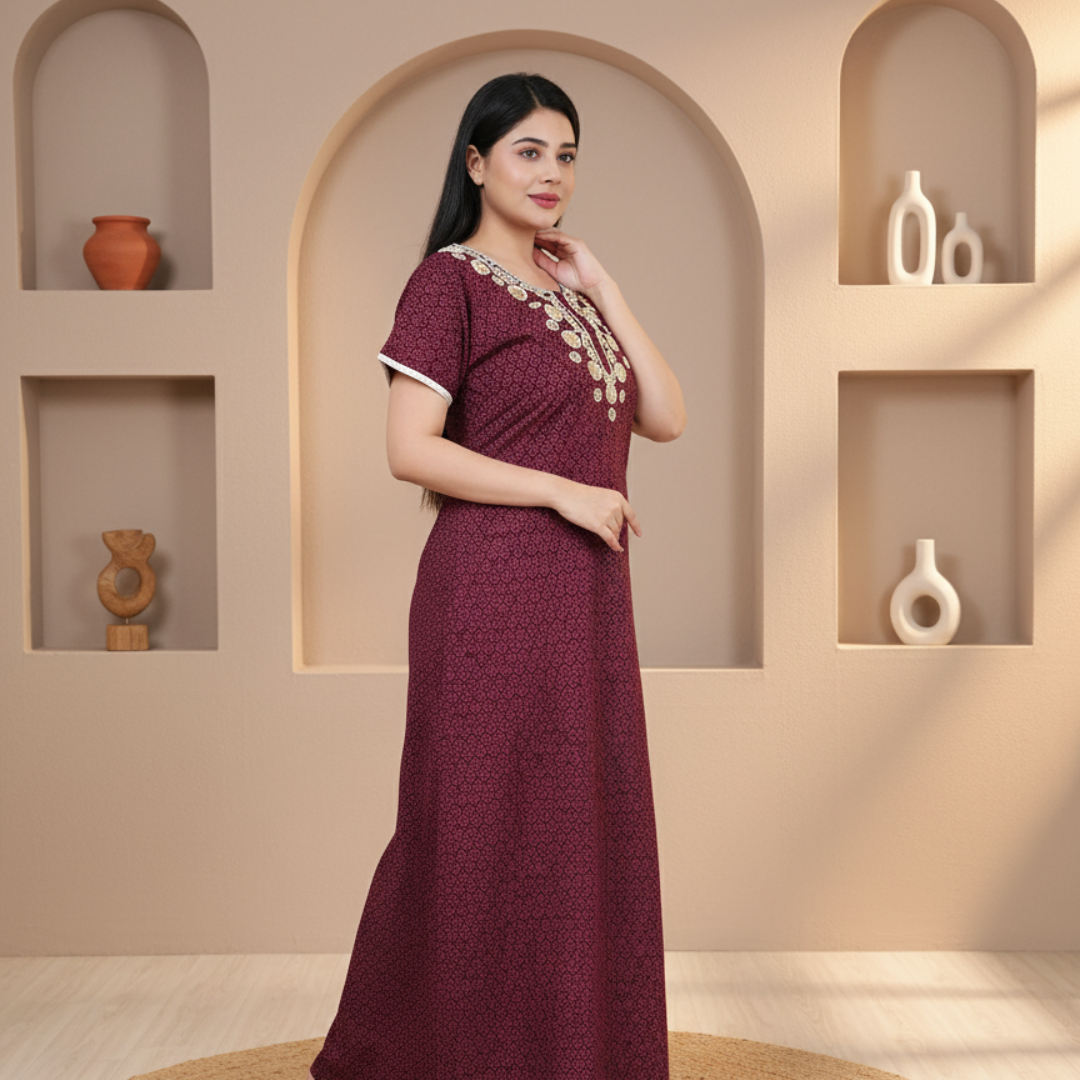 Zairra Women’s Cotton Printed Maxi Nightgown – Maroon with Golden Embroidered Yoke (Free Size, Zipper Closure)