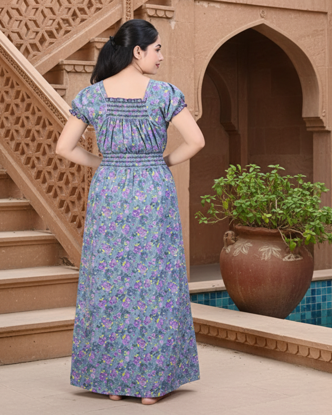 Zairra Women’s Cotton Printed Maxi Nightgown – Blue Floral Design (Free Size)