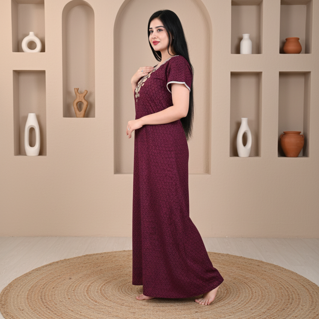 Zairra Women’s Cotton Printed Maxi Nightgown – Maroon with Golden Embroidered Yoke (Free Size, Zipper Closure)