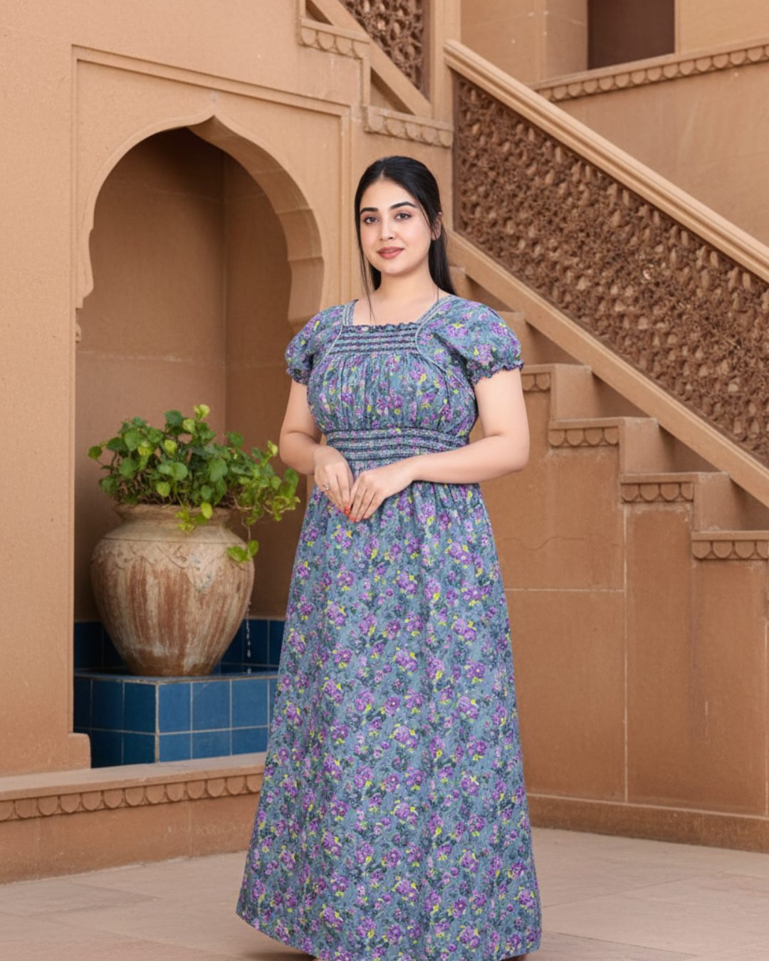 Zairra Women’s Cotton Printed Maxi Nightgown – Blue Floral Design (Free Size)