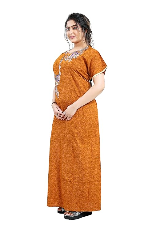 Zairra Embroidered Cotton Nightgown for Women – Rust Orange with Floral Neck Embroidery