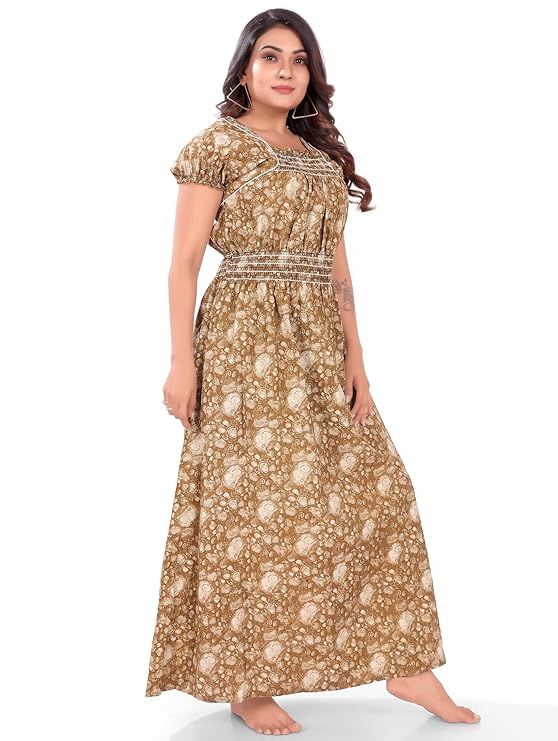 Zairra Women’s Cotton Nightgown – Golden Printed Maxi Sleepwear