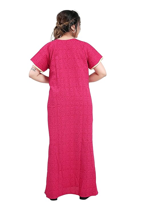 Zairra Embroidered Cotton Nighty for Women – Magenta Pink with Zipper Closure