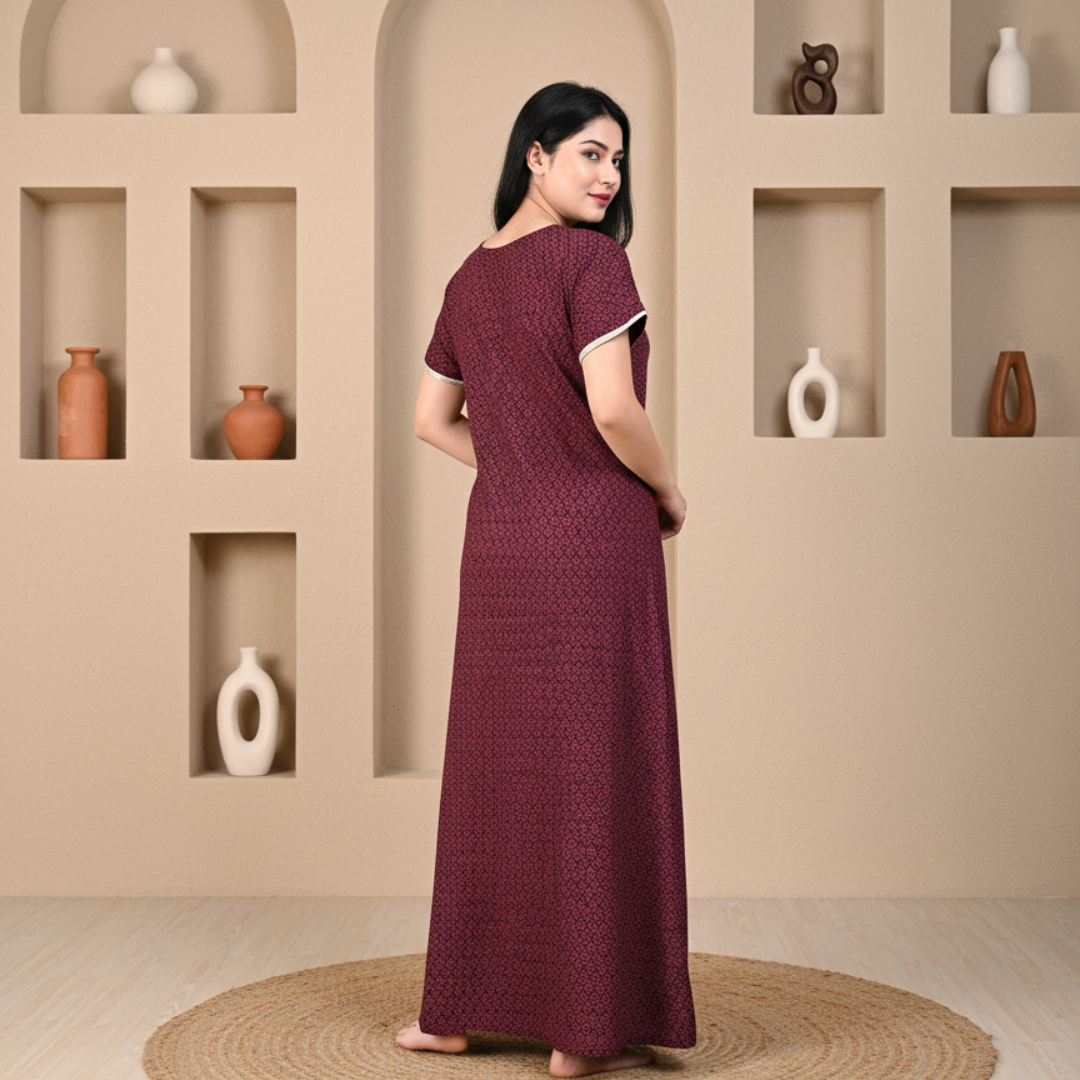 Zairra Women’s Cotton Printed Maxi Nightgown – Maroon with Golden Embroidered Yoke (Free Size, Zipper Closure)