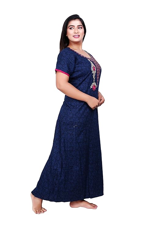 Zairra Women’s Embroidered Cotton Maxi Nightgown – Navy Blue with Pink Floral Yoke Detailing