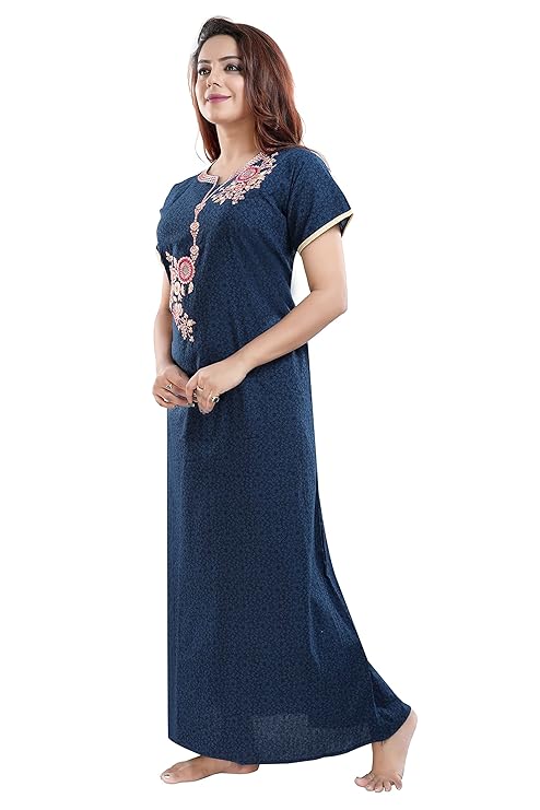 Zairra Embroidered Cotton Full-Length Maxi Nighty for Women – Navy Blue with Floral Embroidery, Free Size