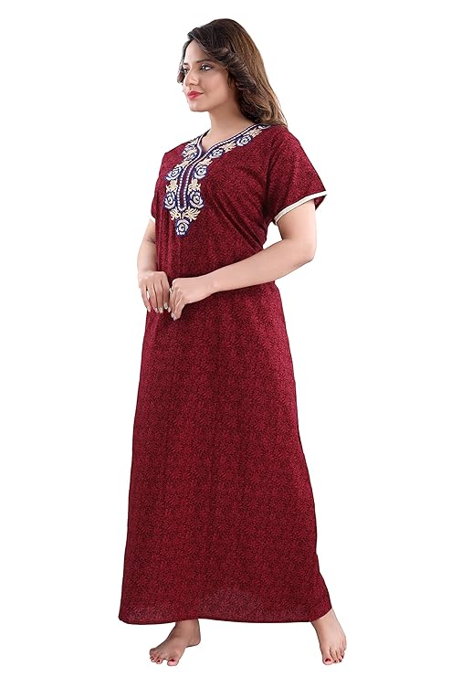 Zairra Embroidered Cotton Full-Length Nightgown for Women – Wine Red with Blue & White Embroidery, Free size