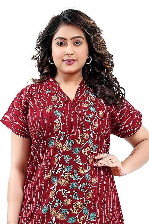 Zairra Red Cotton Nighty for Women – Front Zip, Full-Length, 100% Cotton
