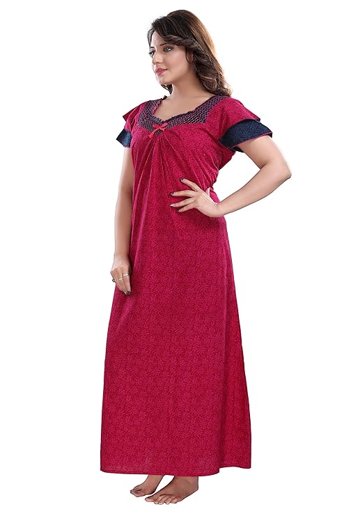 Zairra Embroidered Cotton Maxi Nightgown – Pink & Blue, Free Size