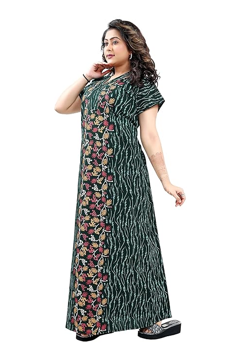 Zairra Green Printed Cotton Nighty for Women – Front Zipper, Relaxed Maxi Fit