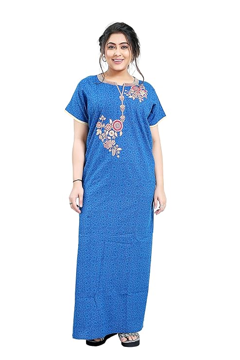 Zairra Embroidered Cotton Nightgown for Women – Royal Blue with Floral Embroidery