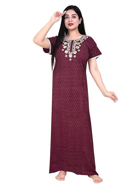 Zairra Women’s Cotton Printed Maxi Nightgown – Maroon with Golden Embroidered Yoke (Free Size, Zipper Closure)