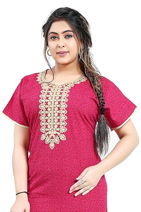 Zairra Embroidered Cotton Maxi Nighty for Women – Pink