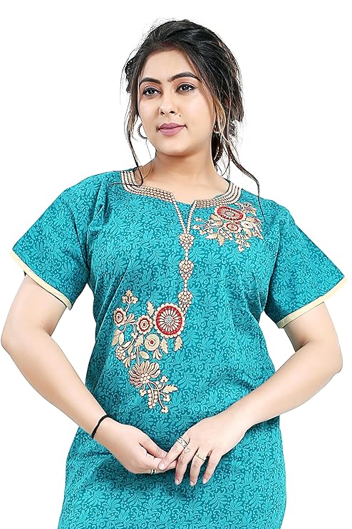 Zairra Embroidered Cotton Nightgown for Women – Teal Blue with Floral Embroidery