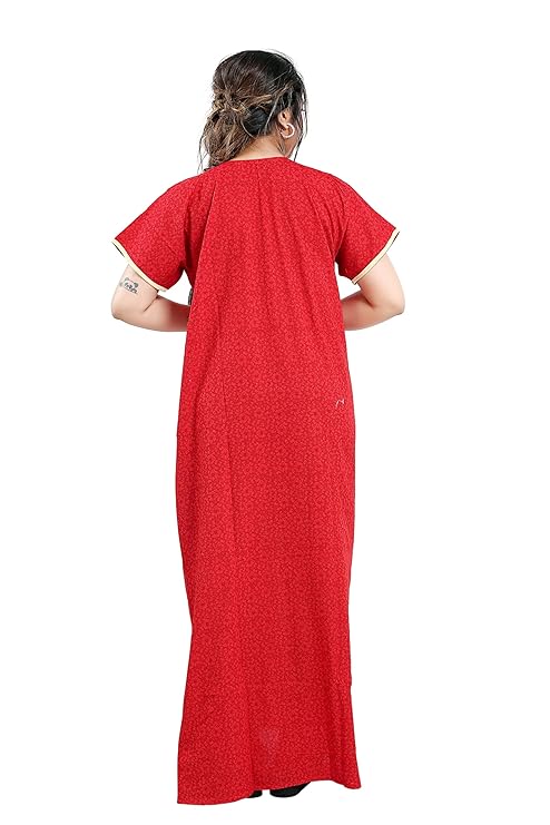 Zairra Embroidered Cotton Nightgown for Women – Deep Red with Floral Embroidery