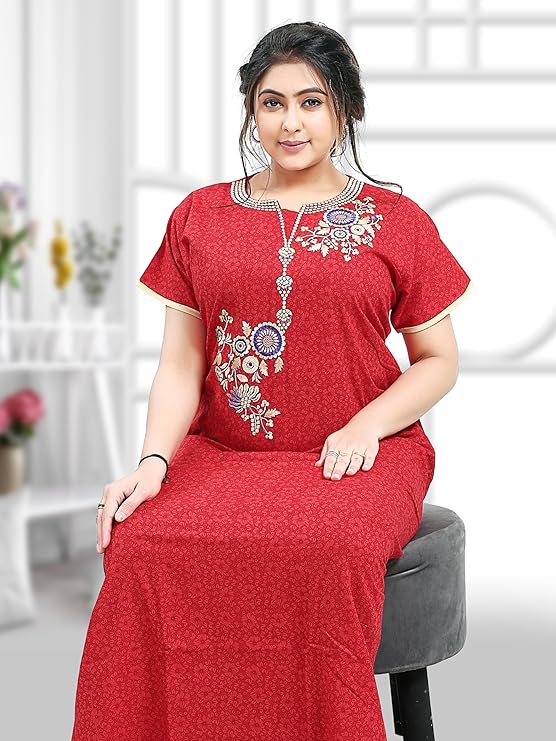 Zairra Embroidered Cotton Nightgown for Women – Deep Red with Floral Embroidery