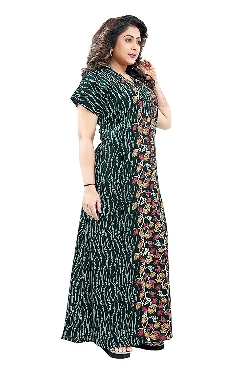 Zairra Green Printed Cotton Nighty for Women – Front Zipper, Relaxed Maxi Fit