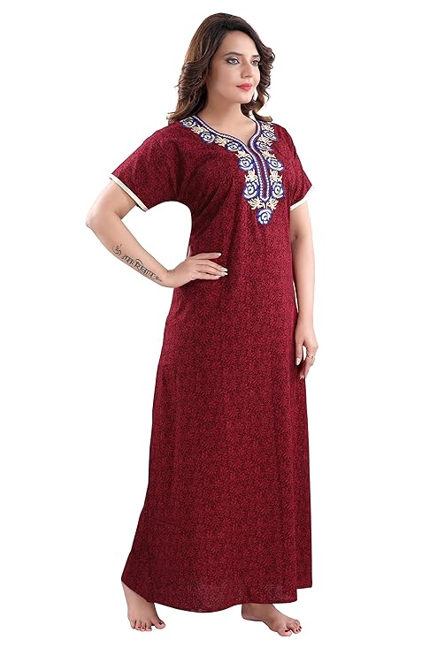 Zairra Embroidered Cotton Full-Length Nightgown for Women – Wine Red with Blue & White Embroidery, Free size