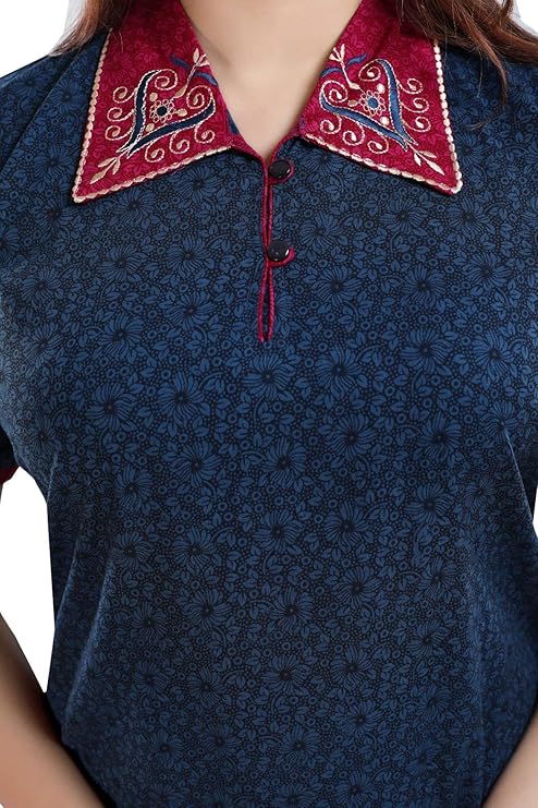 Zairra Women’s Solid Cotton Maxi Nightgown – Navy Blue with Contrast Embroidered Collar