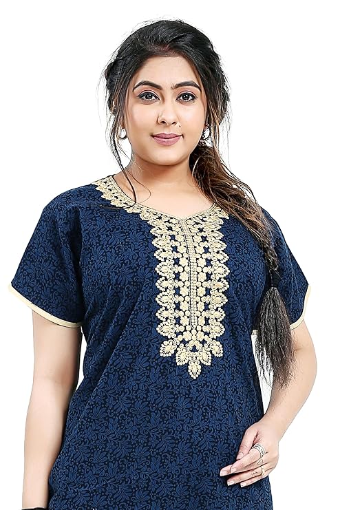Zairra Blue Embroidered Cotton Nighty for Women – Soft Cotton, Maxi Fit