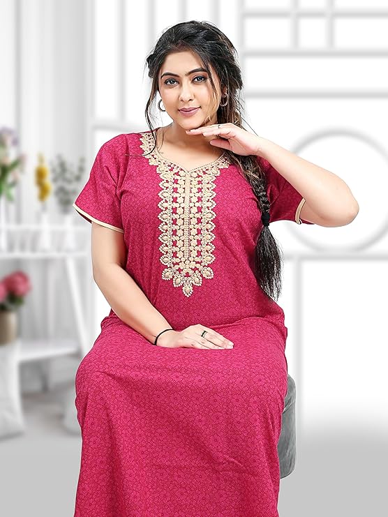 Zairra Embroidered Cotton Maxi Nighty for Women – Pink