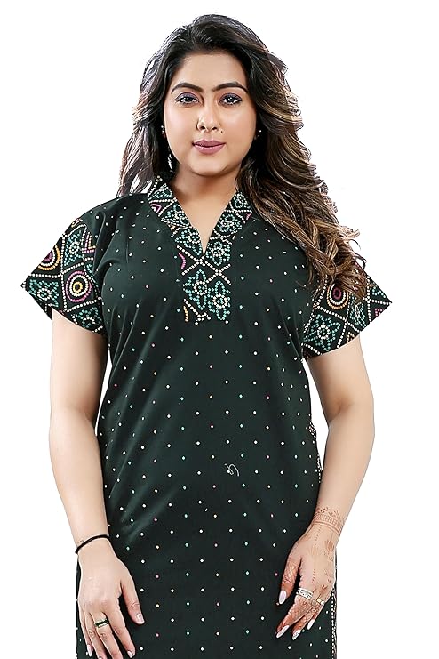 Zairra Women Cotton Nighty – Deep Green with Ethnic Border & Yoke - Breathable Pull-On Maxi Nightdress