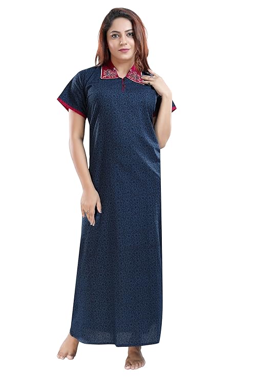 Zairra Women’s Solid Cotton Maxi Nightgown – Navy Blue with Contrast Embroidered Collar